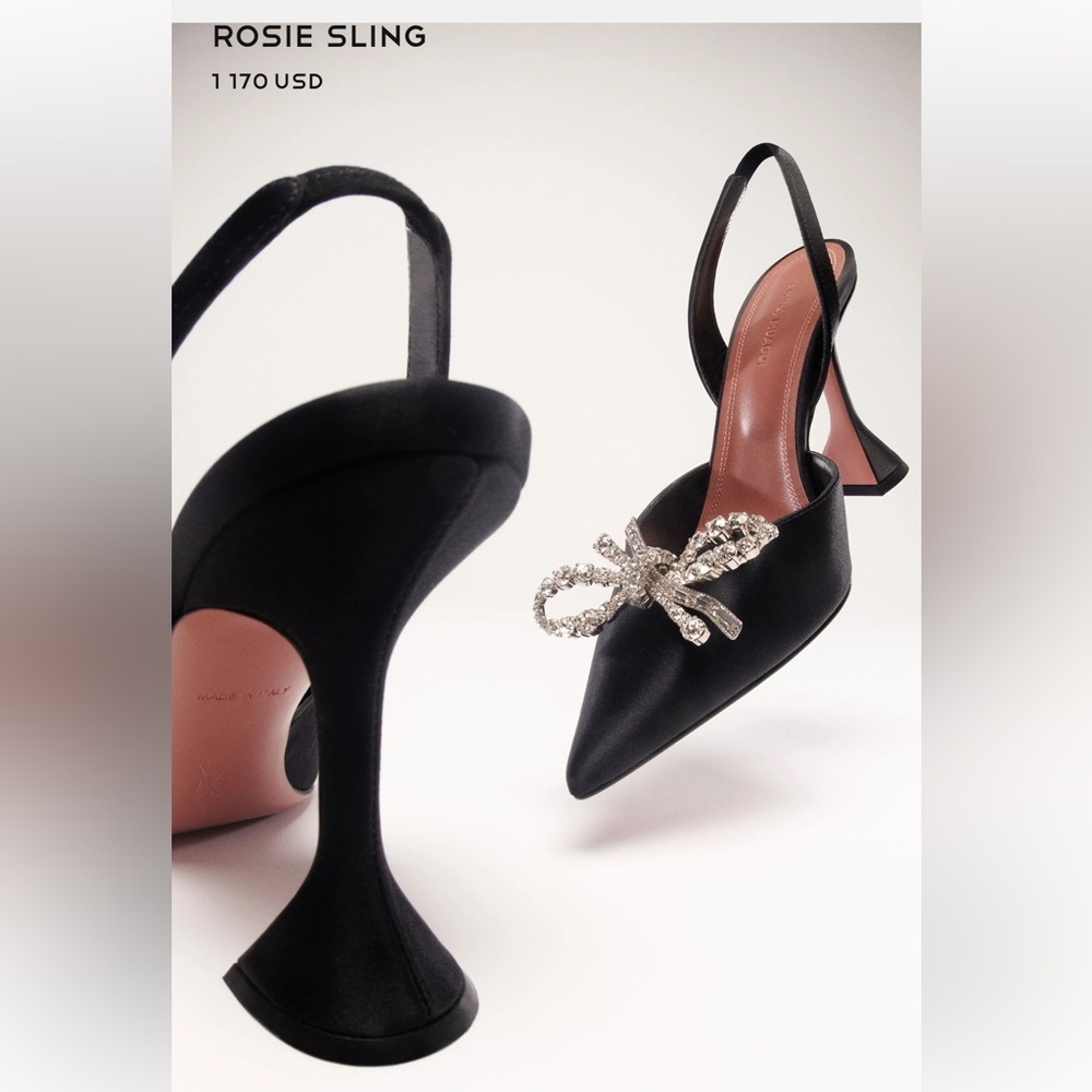 Amina Muaddi Rosie Pumps. Black Satin, Swarovski Crystal Bows, size 10.5 NWOT